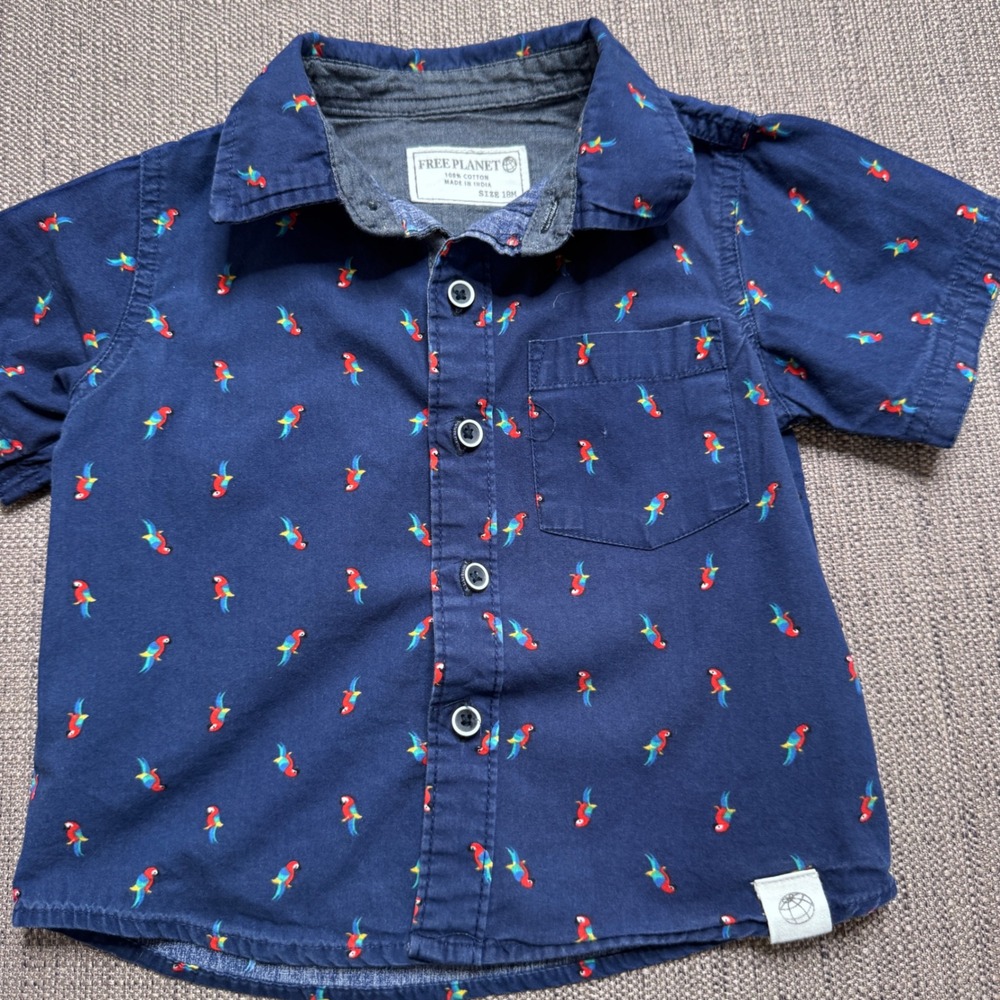 Free Planet Boys Navy Blue Parrot Print Button Down Short Sleeve Shirt 18M